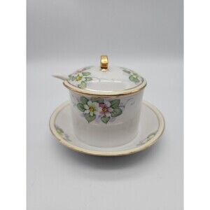 VTG Nippon Hand Painted Sugar Bowl w Attached Under Plate & Spoon Floral Design